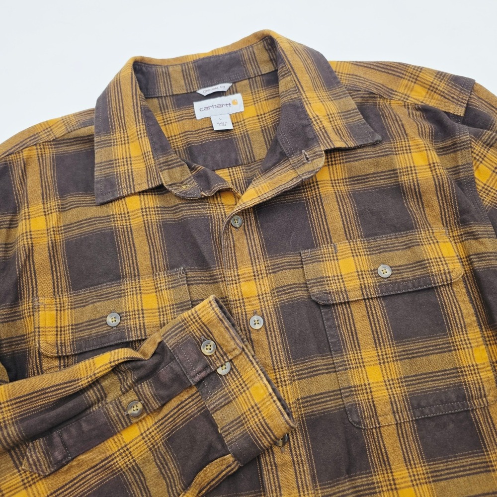 Carhartt Mens Large Original Fit Flannel Shirt Brown Yellow Plaid Long Sleeve